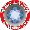 Знак технології придушення пилу THOMAS WET-JET Знак технології придушення пилу THOMAS WET-JET, схрещені струмені води (водяна стіна) у червоному колі