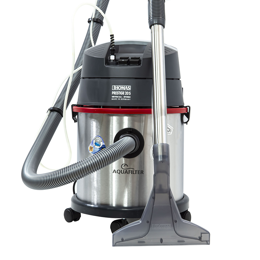 Prestige 20S Aquafilter з під'єднаним шлангом та широкою мийною насадкою Prestige 20S Aquafilter з під'єднаним шлангом та насадкою для ретельного прання килимів з адаптером для миття твердої підлоги