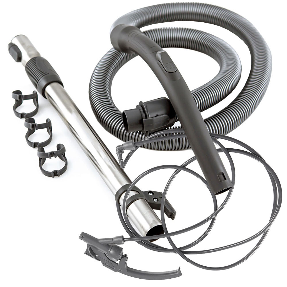 Система всмоктування та подачі мийного розчину - шланг, труби, пістолет Сірий гнучкий шланг, телескопічна труба з нержавіючої сталі, сірий запірний кран з трубкою подачі води, кліпси для кріплення