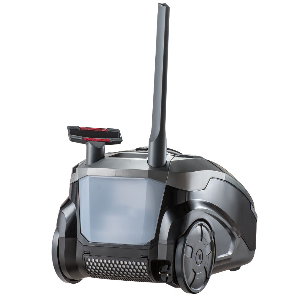 Parkett Prestige XT, вид ззаду, маленькі насадки закріплені на корпусі Parkett Prestige XT,вид ззаду. Для зручності прибирання на корпусі закріплені насадки для м'яких меблів та щілин