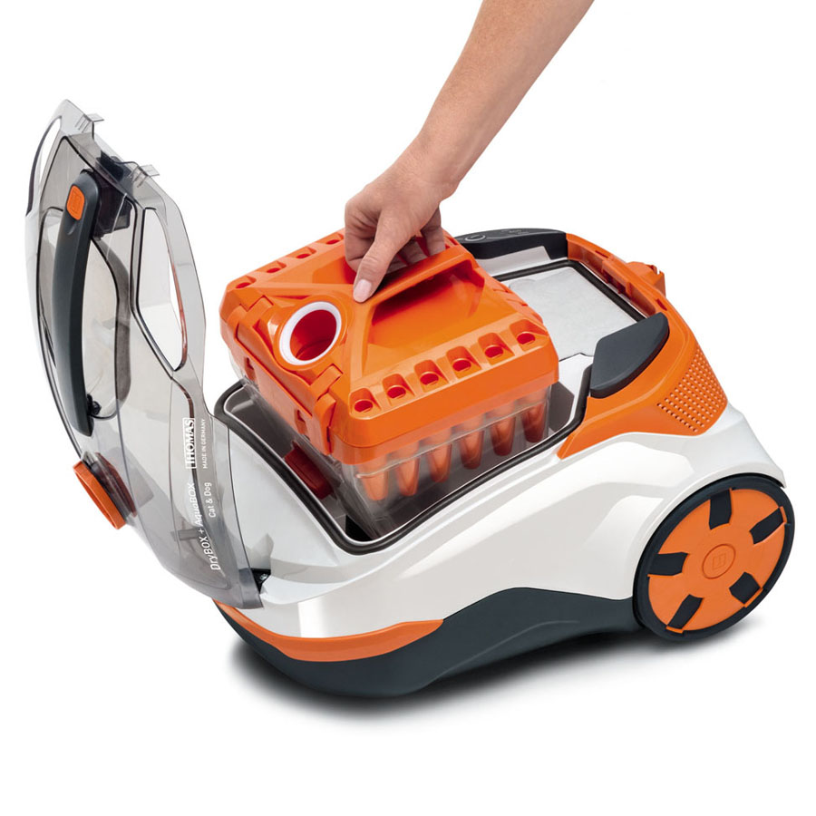 THOMAS DryBOX+AquaBOX Cat&Dog, cyclone filter with orange lid DryBOX+AquaBOX Cat&Dog with DryBOX installed. Fractional dust separation technology for fast and hygienic cleaning