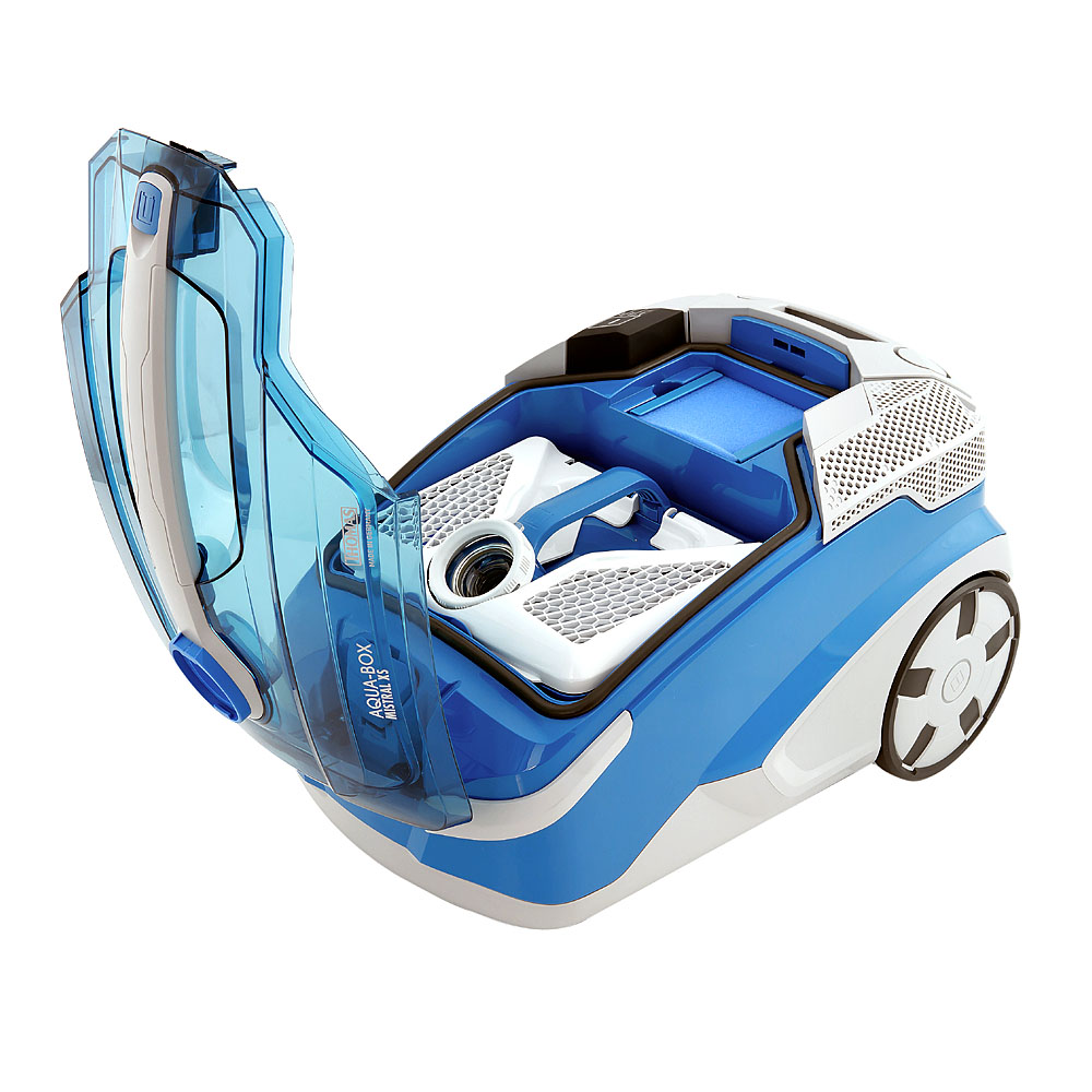 Mistral XS  vacuum cleaner with open lid and AquaBOX Mistral XS  bagless vacuum cleaner with open lid and AquaBOX water filter
